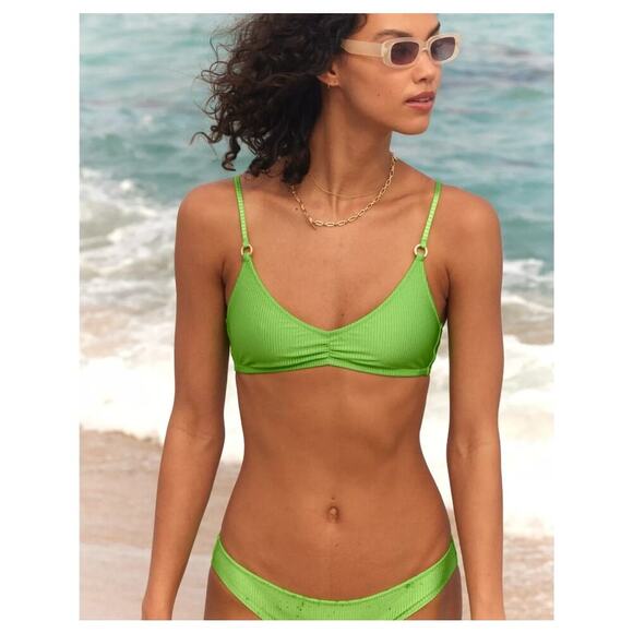 NWT Aerie Beach Babe Shine Rib Voop Bikini Top Harlequin Green Swim Beach Size S - Picture 1 of 5